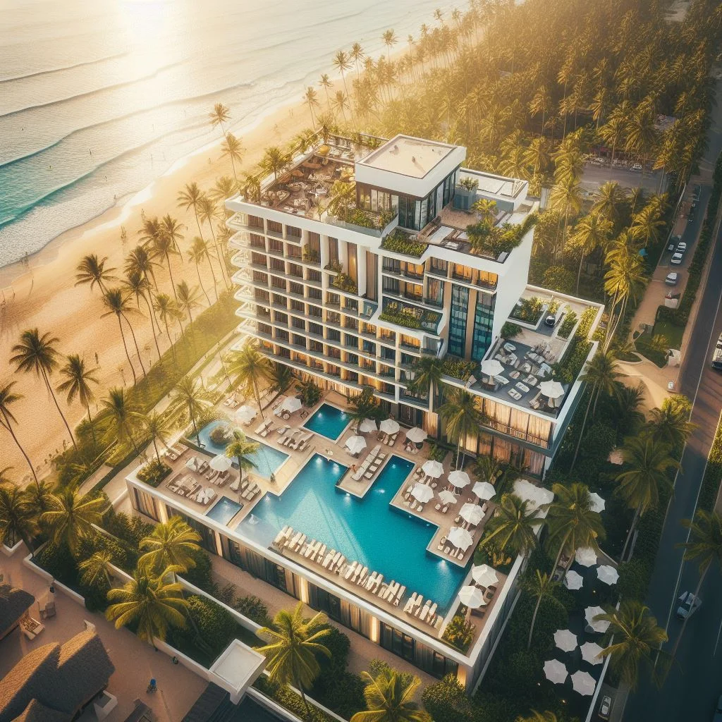 top view of a luxury hotel with a pool at the top