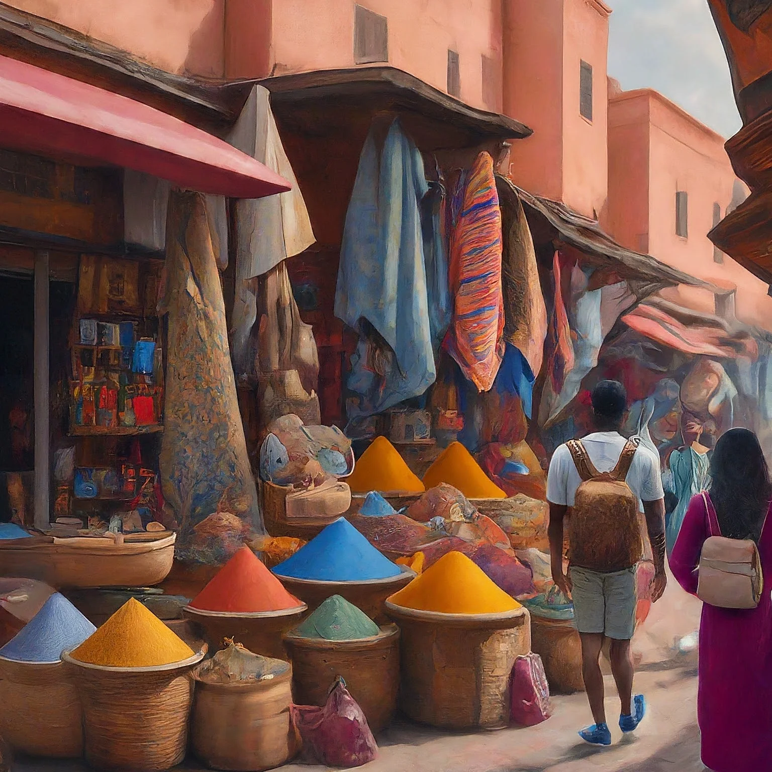 a man and woman walking in a market square