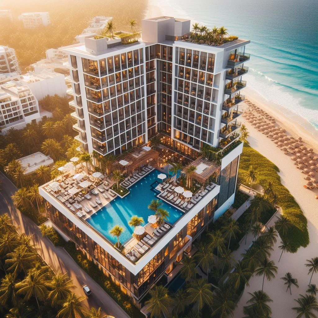 top view of a luxury hotel with a pool at the top